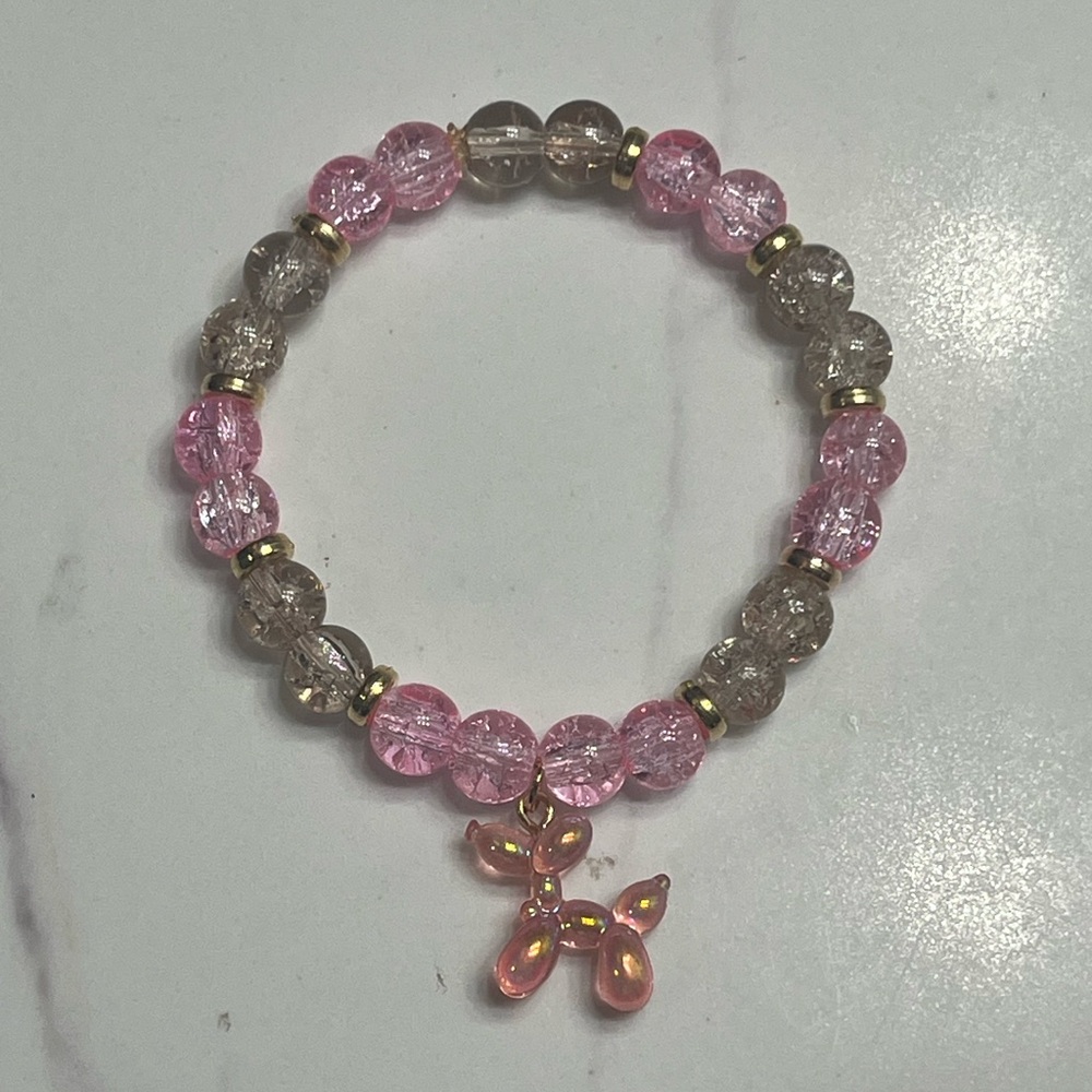 Pink and white Beaded Bracelet with Balloon Dog Charm